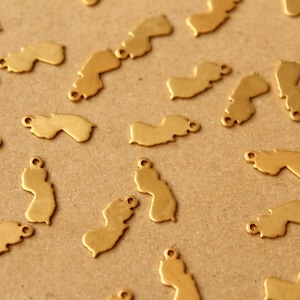 May include: A group of gold metal charms shaped like the state of New Jersey. The charms are scattered on a brown surface.