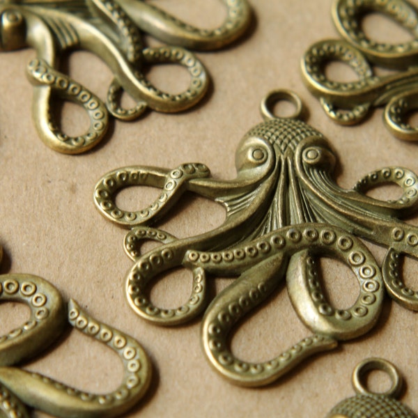 4 pc. Antique Bronze Octopus Pendants, 57mm x 55mm | MIS-050