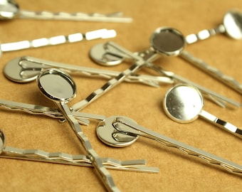 12 pc. Silver Plated Bobby Pins with 12mm Bezel Setting | FI-596