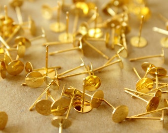 100 pc. Gold Plated Brass Earring Posts, Nickel Free, 6mm pad | FI-103*