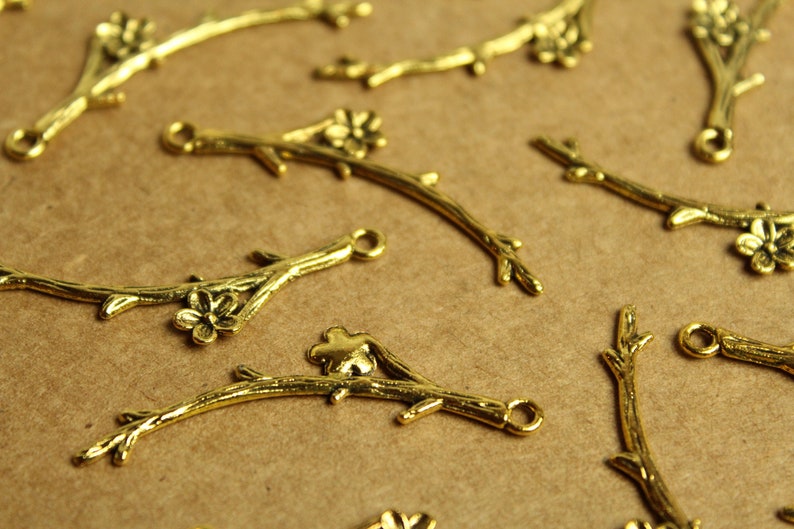 15 pc. Tibetan Style Flowering Branch Charms Pendants Antique Gold, 47mm x 9mm MIS-232 image 2