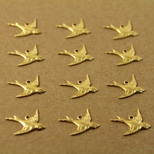 12 pc. Raw Brass 1 Loop Bird Charm Facing Right made in USA Sparrow Swallow Songbird Flying West Spring Summer Birds Flight RB-036-2 image 1