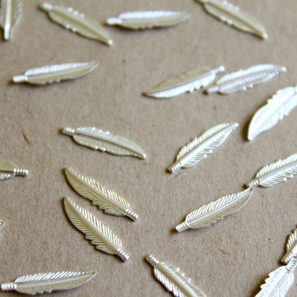 16 pc. Tiny Silver Plated Brass Feathers: 16.5mm by 4.5mm - made in USA | SI-024