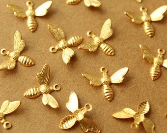 8 pc. Medium Gold Plated Brass Flying Bees with Loop: 17mm by 13mm - made in USA | GLD-022