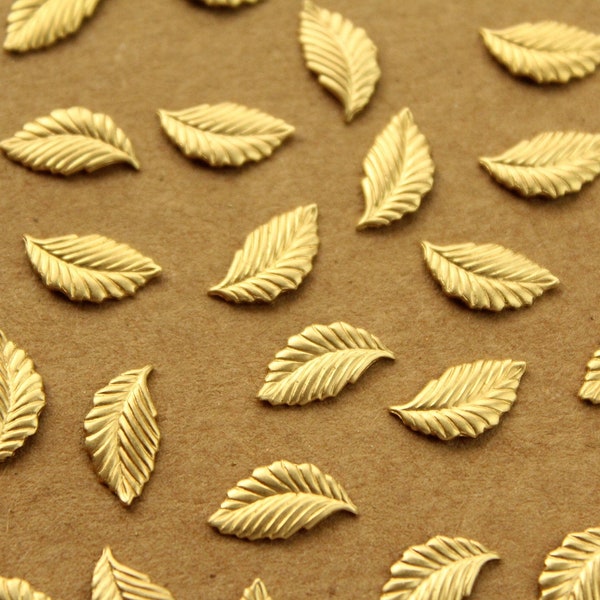 20 pc. Tiny Raw Brass Curved Veined Leaves: 13mm by 6.5mm - made in USA - simple leaf autumn fall foliage tree woodland | RB-1255