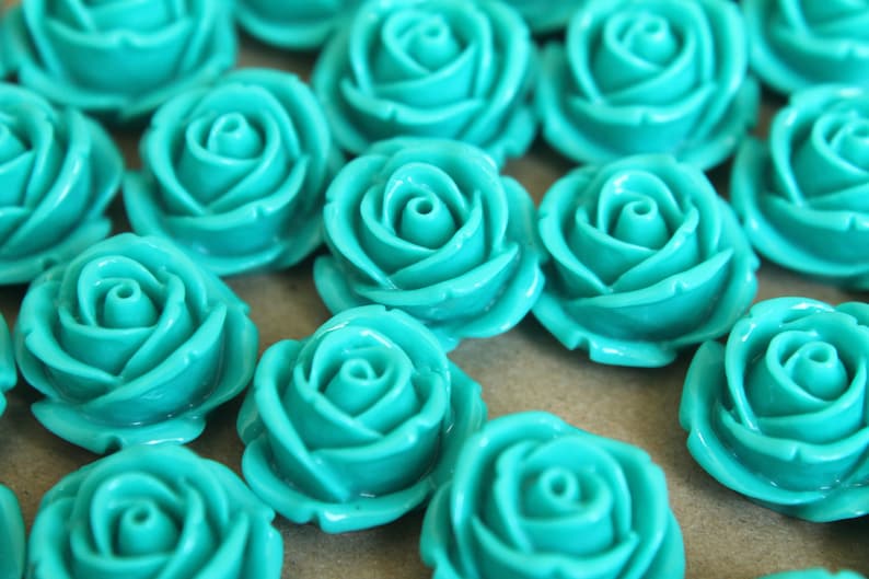 CLOSEOUT 10 pc. Teal Large Rose Cabochons 19mm RES-325 image 1