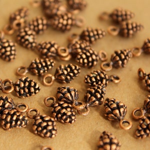 May include: A collection of copper-colored pine cone charms with a loop for hanging. The charms are scattered on a brown surface.
