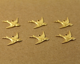 6 pc. Raw Brass 1 Loop Bird Charm Facing Right - made in USA Sparrow Swallow Songbird Flying West Spring Summer Birds Flight Nature | RB-036