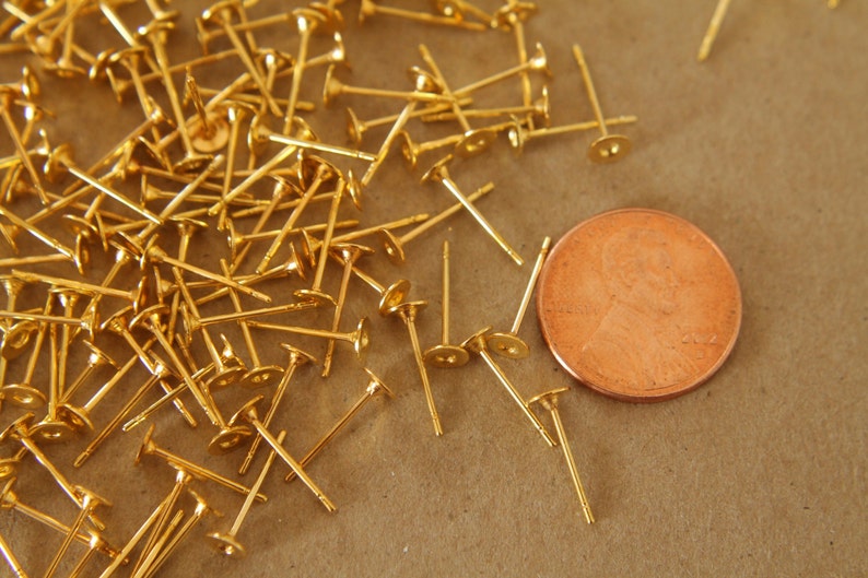 100 pc. Gold plated earring posts, 4mm pad FI-006 image 4