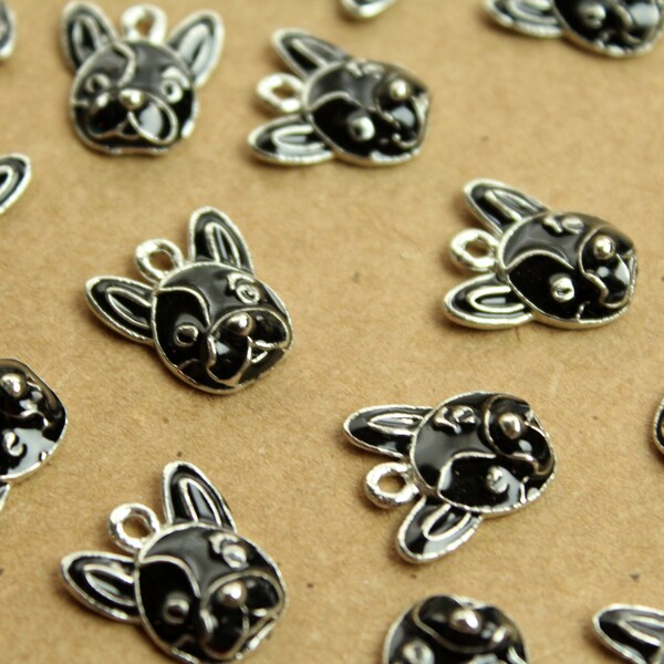 6 pc. French Bulldog Charms, Black and Silver Enameled, 15mm x 14mm | MIS-214