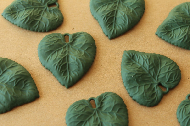 6 pc. Rubberized Green Veined Leaf Charms, 31mm by 30mm MIS-488 image 1