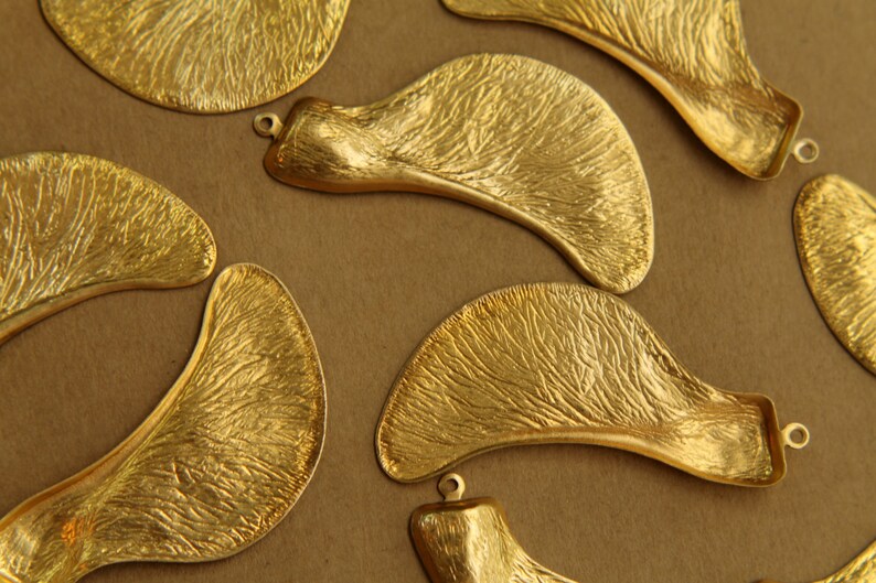 3 pc. Large Raw Brass Samara Maple Seed Charms Facing Right: 53mm by 24mm made in USA Poly Nose Poly Noses Helicopter Seeds RB-395 image 2