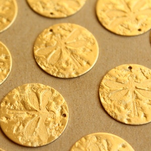 4 pc. Raw Brass Textured Dragonfly Fossil Disc Charms: 22mm in diameter - made in USA | RB-655