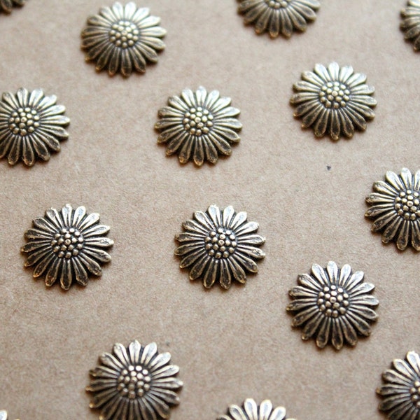 8 pc. Small Antique Brass Plated Daisies: 12mm - made in USA daisy sunflower flower petals floral bouquet spring summer garden | AB-072