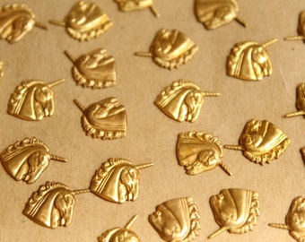 12 pc. Small Raw Brass Unicorn Head Stampings: 10mm by 10mm - made in USA | RB-834