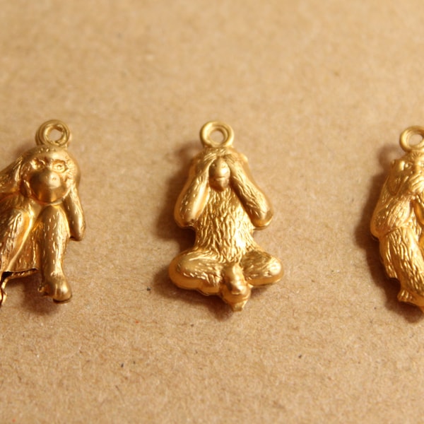 3 pc. Raw Brass Three Wise Monkey Charms - Speak no evil, hear no evil, see no evil - made in USA | RB-841