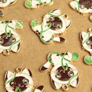 5 pc. Cat with Yarn Charms, White, Brown, Green, and Gold Enameled Charms, 26mm x 26mm | MIS-146*