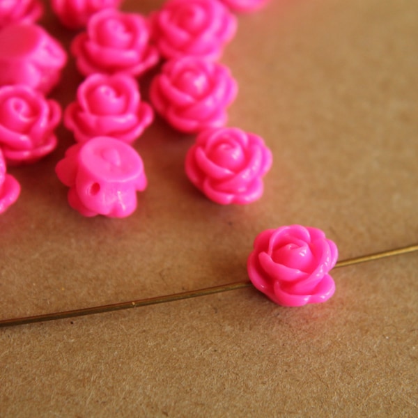 20 pc. Neon Pink Glossy Rose Cabochons 9mm with hole | RES-089