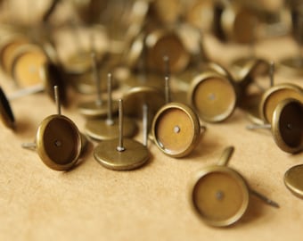 50 pc. 8mm Ear Post Blank Cabochon Setting Antique Bronze, Nickel Free | FI-165