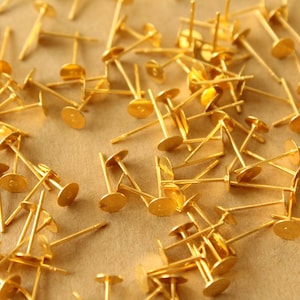 100 pc. Gold Plated Stainless Steel Earring Posts with Raw Brass Pads, 5mm pad FI-665 image 2