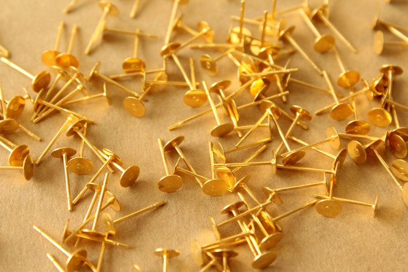 100 pc. Gold Plated Stainless Steel Earring Posts with Raw Brass Pads, 5mm pad FI-665 image 2