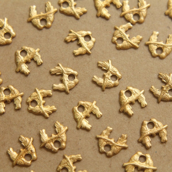 12 pc. Tiny Raw Brass Lovebirds on Branch: 9mm by 10mm - made in USA | RB-334