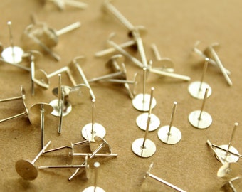 100 pc. Silver plated earring posts, 6mm pad | FI-078*