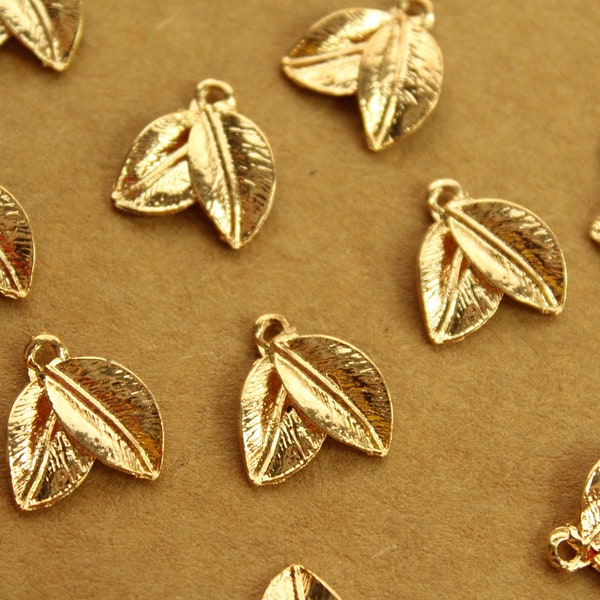10 pc. Gold Plated Double Leaf Charms, 15mm by 15mm | MIS-309
