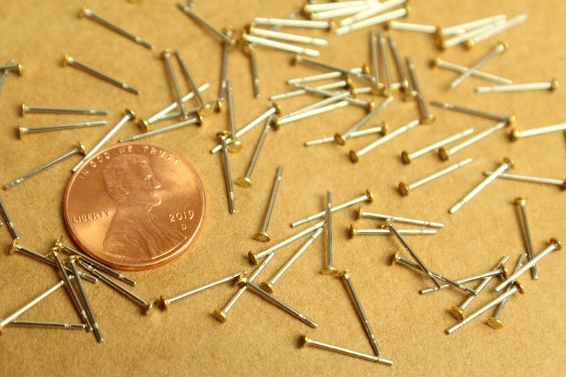 100 pc. Stainless steel earring posts with raw brass pads, 2mm pad FI-597 image 4