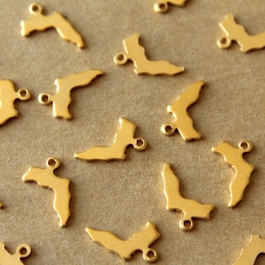 May include: A collection of gold-colored metal charms shaped like the state of Florida. Each charm has a small loop at the top for attaching to jewelry or other crafts.