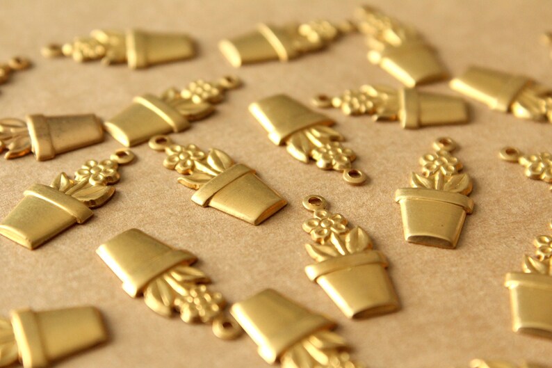 14 pc. Raw Brass Potted Flower Charms: 21mm by 10mm made in USA flower houseplant floral sunflowers garden plant bouquet RB-1407 image 3