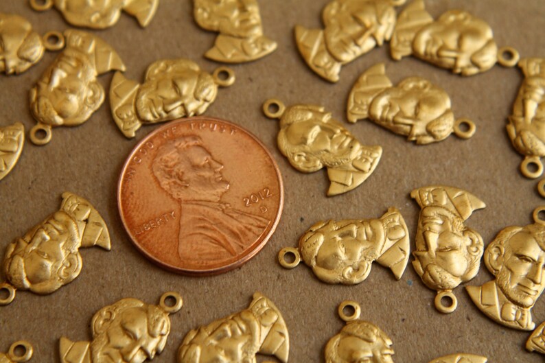 12 pc. Raw Brass Abe Lincoln Charms: 15mm by 9mm made in USA RB-173 image 4