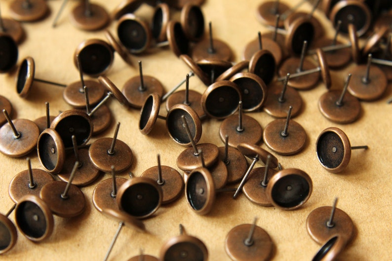 50 pc. 8mm Ear Post Blank Cabochon Setting Antique Copper FI-168 image 3