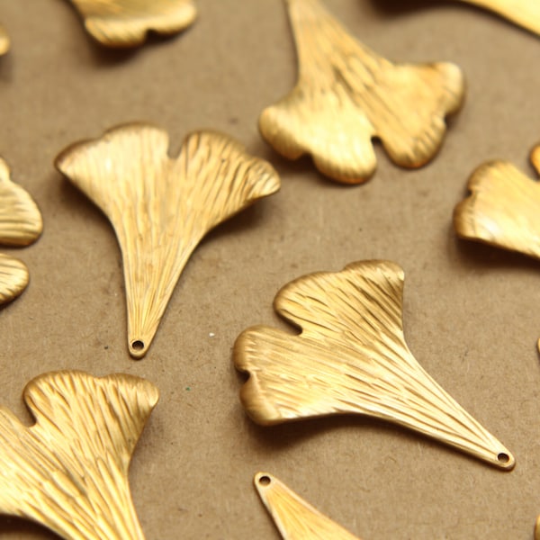 6 pc. Raw Brass Textured Ginkgo Leaf Charms: 35mm by 28mm - made in USA | RB-851