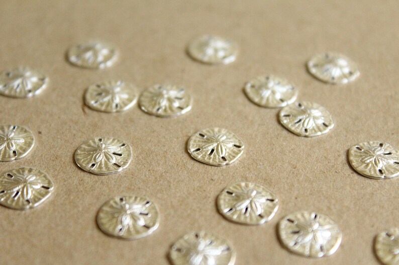 8 pc. Tiny Silver Plated Brass Sand Dollars: 11mm by 11mm made in USA SI-084 image 2