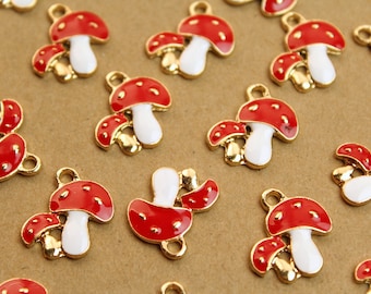 8 pc. Red, White and Gold Enameled Double Mushroom Charms, 19.5mm x 18mm | MIS-378