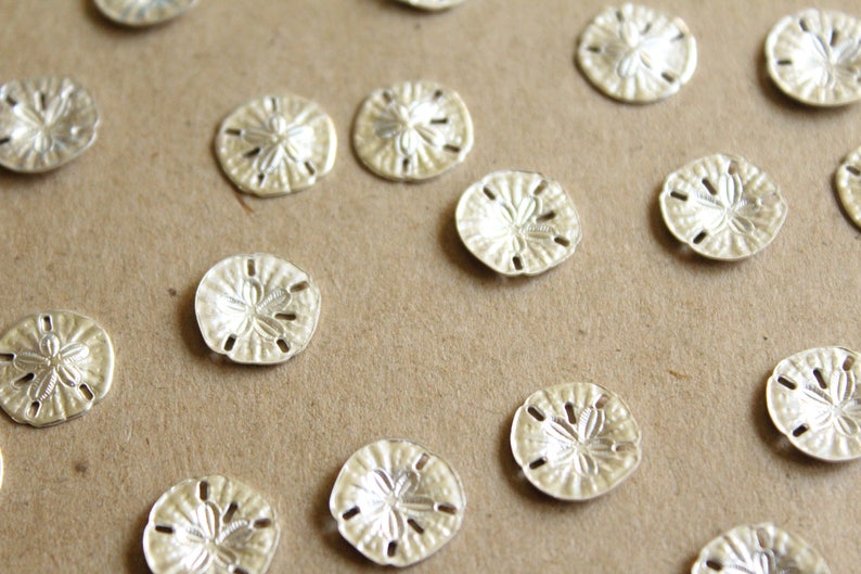 8 pc. Tiny Silver Plated Brass Sand Dollars: 11mm by 11mm made in USA SI-084 image 3