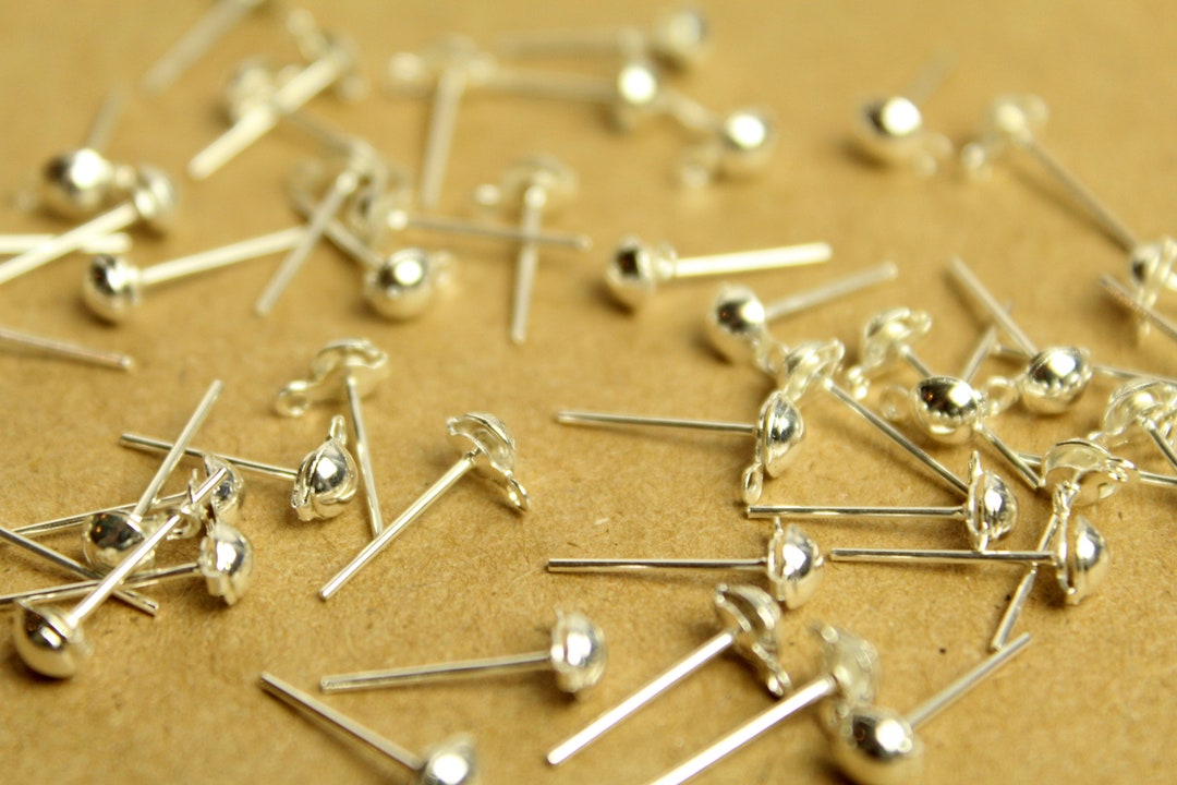 50 Pc. Bright Silver Plated Half-round Earring Posts With Loop | FI-109 ...