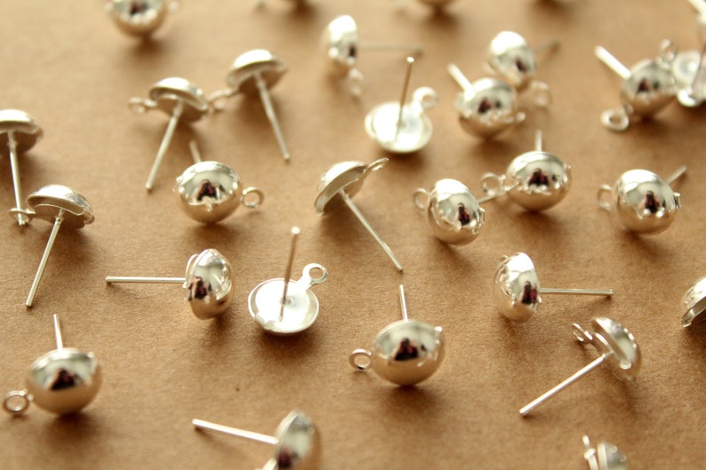 100 pc. Bright Silver Plated Half-Round Earring Posts with Loop FI-502 image 1