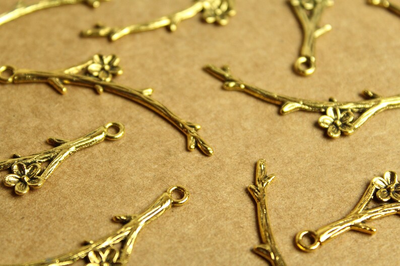 15 pc. Tibetan Style Flowering Branch Charms Pendants Antique Gold, 47mm x 9mm MIS-232 image 3
