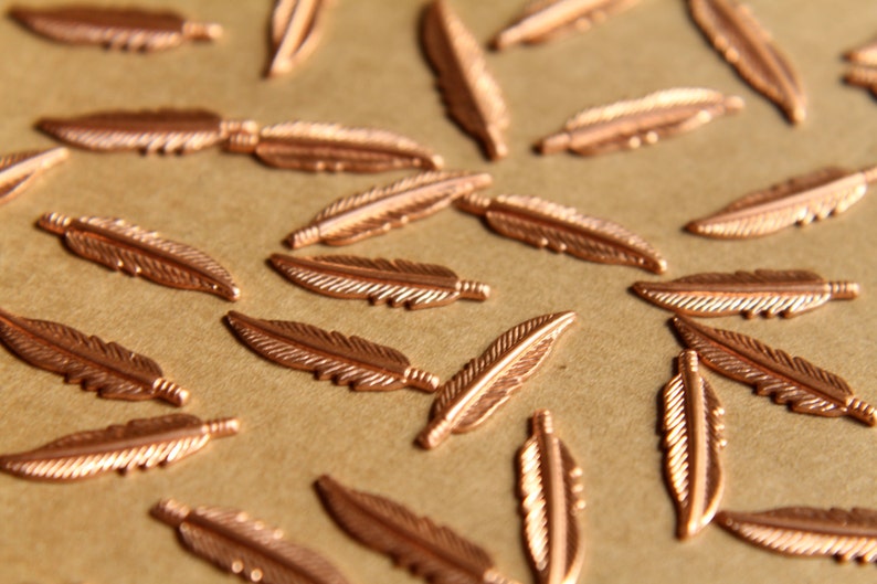 10 pc. Tiny Raw Copper Feathers: 16.5mm by 4.5mm made in USA RB-483 image 1