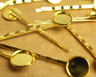 12 pc. Gold Plated Bobby Pins with 12mm Bezel Setting | FI-595