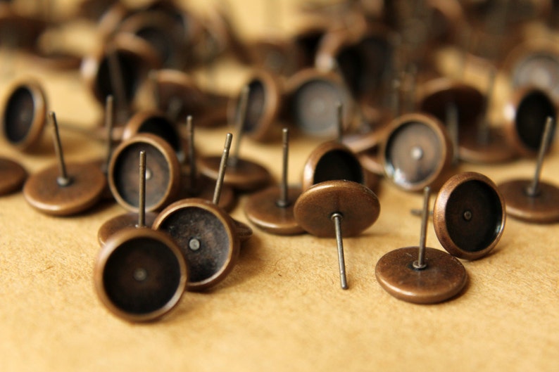 50 pc. 8mm Ear Post Blank Cabochon Setting Antique Copper FI-168 image 1