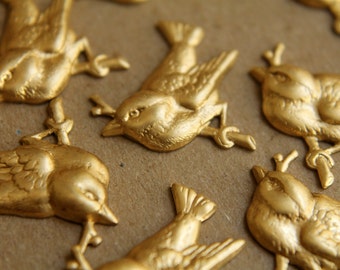 6 pc. Raw Brass Perched Bird Stampings: 22.5mm by 24mm - made in USA | RB-172