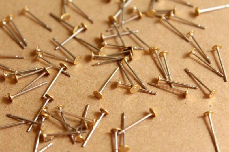 100 pc. Stainless steel earring posts with raw brass pads, 3mm pad Also available in 500 piece FI-262 image 2