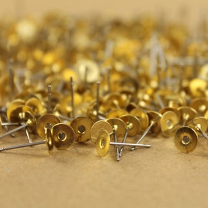 100 pc. Stainless steel earring posts with raw brass pads, 6mm pad Also available in 500 and 1000 piece FI-001 image 2