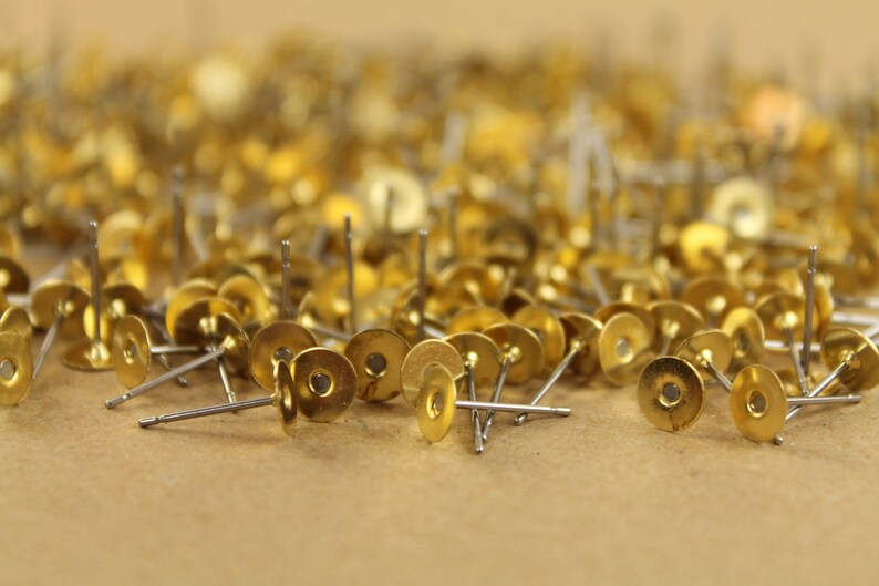 100 pc. Stainless steel earring posts with raw brass pads, 6mm pad Also available in 500 and 1000 piece FI-001 image 2
