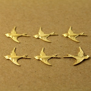 6 pc. Raw Brass Bird Charm Facing Left, No Loop made in USA Sparrow Swallow Songbird Flying West Spring Summer Birds Flight RB-038 image 2