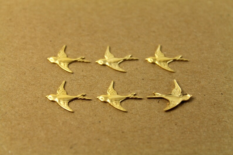 6 pc. Raw Brass Bird Charm Facing Left, No Loop made in USA Sparrow Swallow Songbird Flying West Spring Summer Birds Flight RB-038 image 2