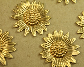 4 pc. Raw Brass Sunflowers: 33mm by 32mm - made in USA | RB-429